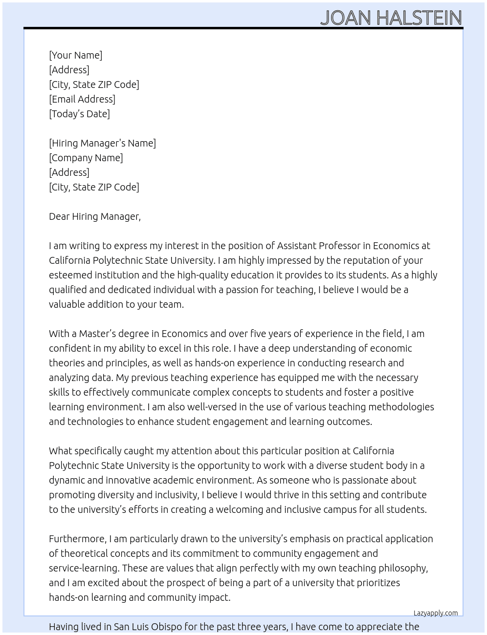 Assistant Professor in Economics At california polytechnic state university Cover Letter