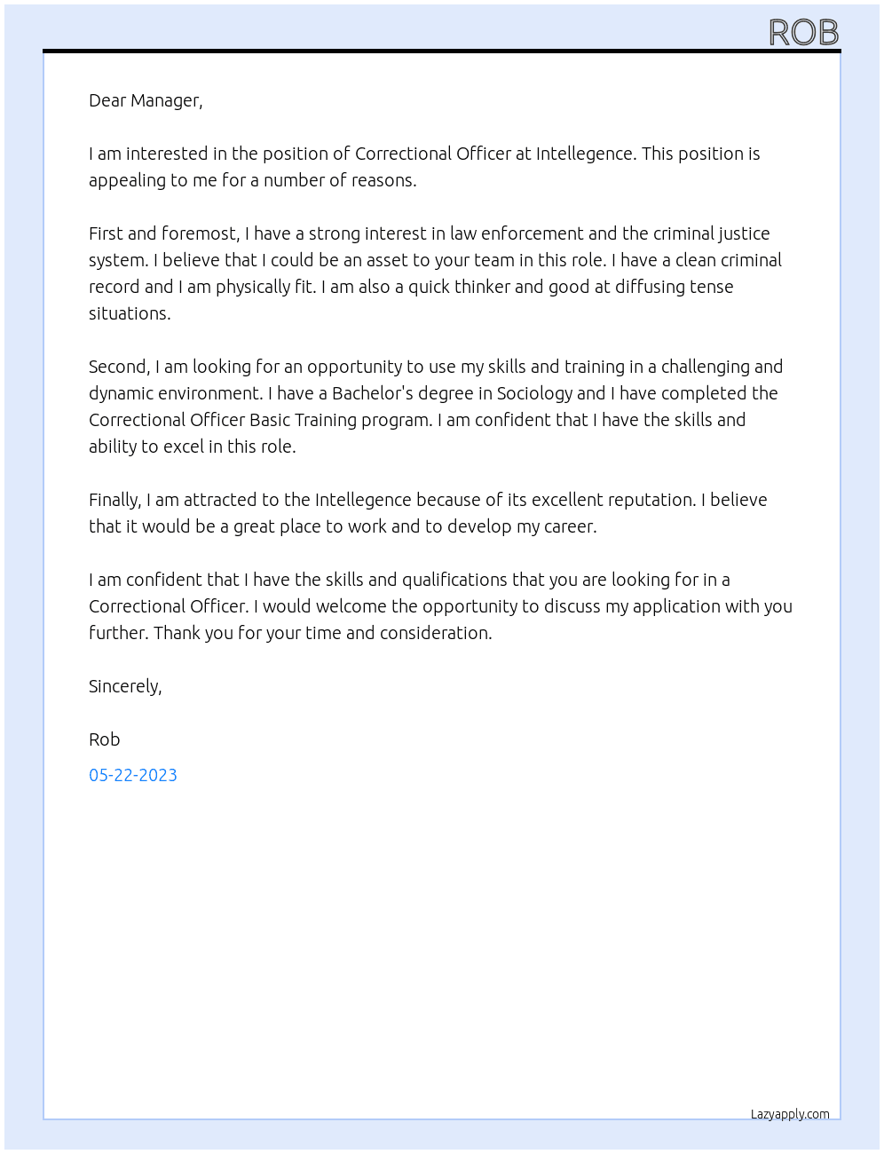 Correctional Officer At Intellegence Cover Letter
