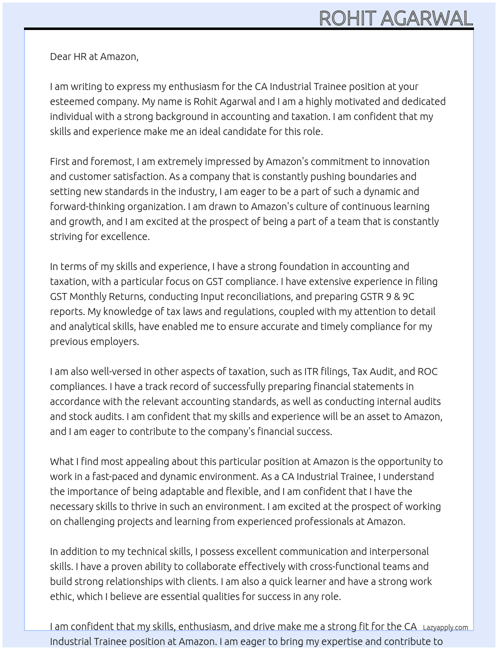 CA Industrial Trainee At Amazon Cover Letter