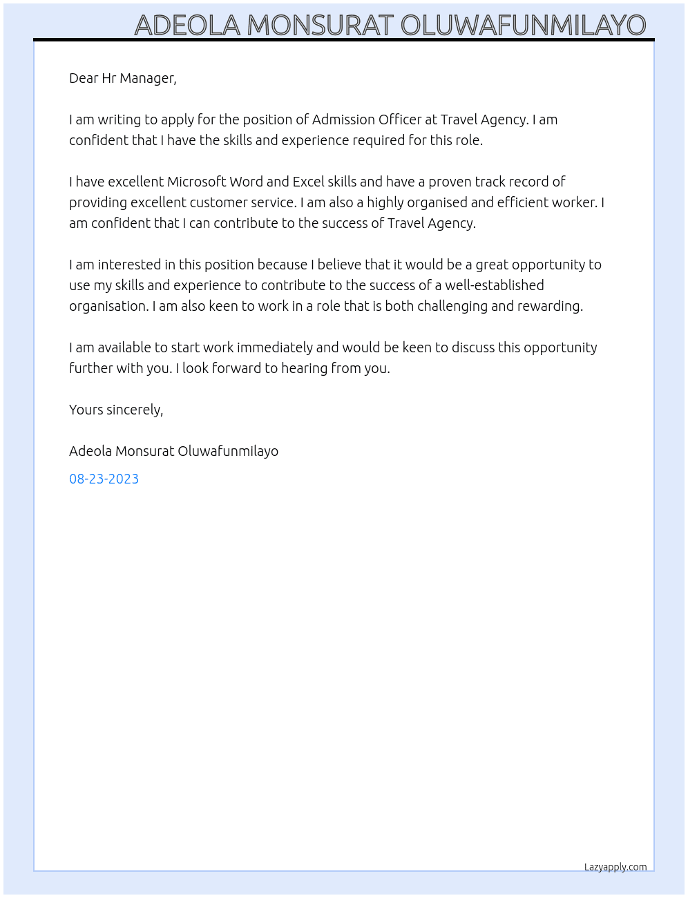 Admission officer At Travel Agency Cover Letter