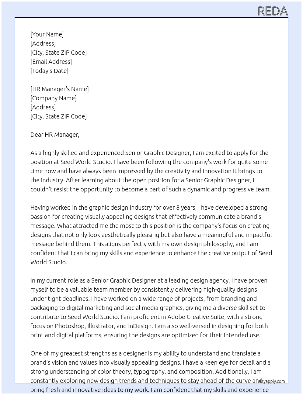 Senior graphic designer At Seed world studio Cover Letter