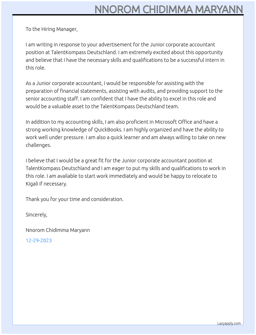 Junior corporate accountant At TalentKompass Deutschland  Cover Letter