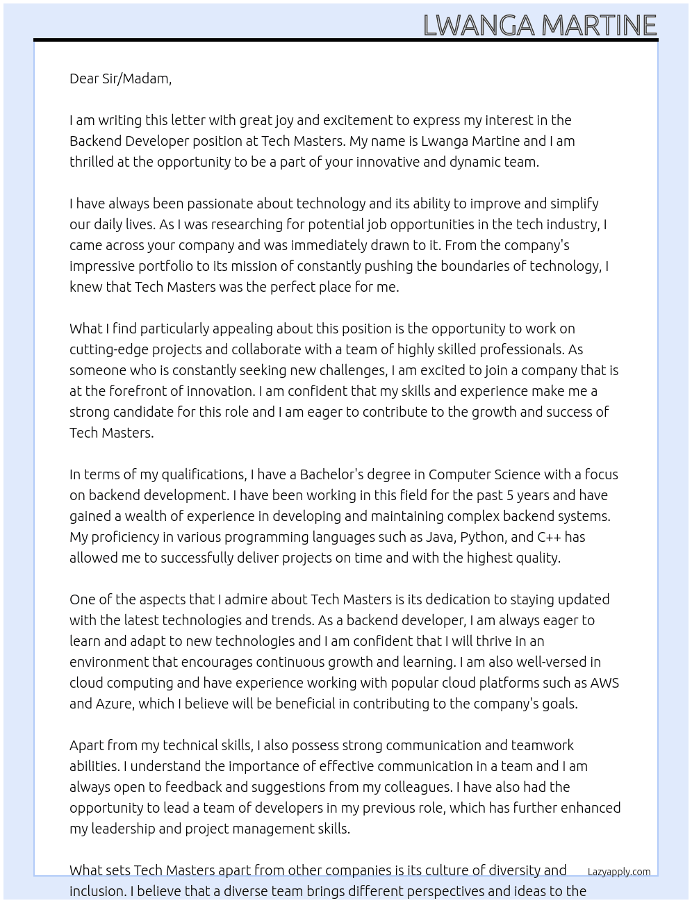 Backend Developer At Tech Masters Cover Letter