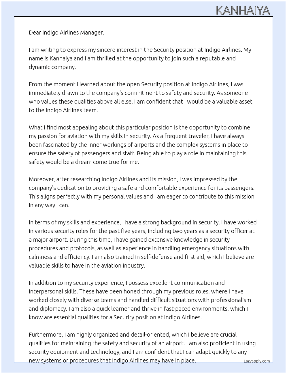 Security  At Indigo airlines  Cover Letter