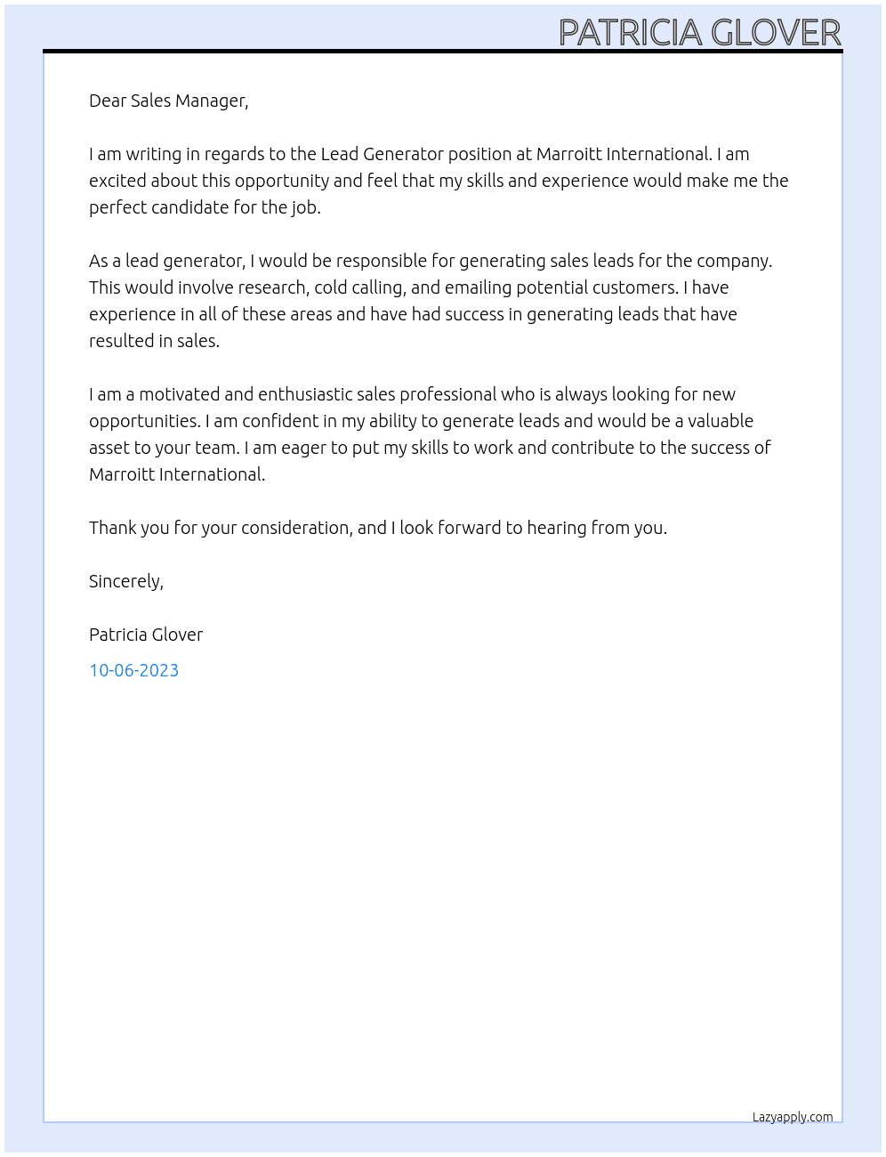 Lead generator  At Marroitt International  Cover Letter