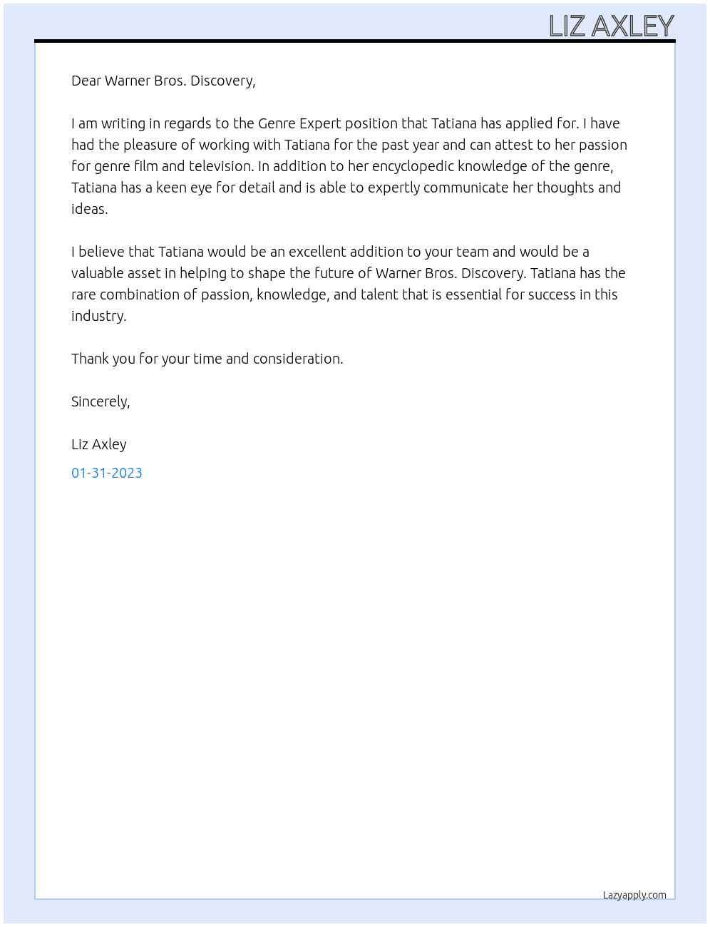 Genre Expert At Warner Bros. Discovery Cover Letter