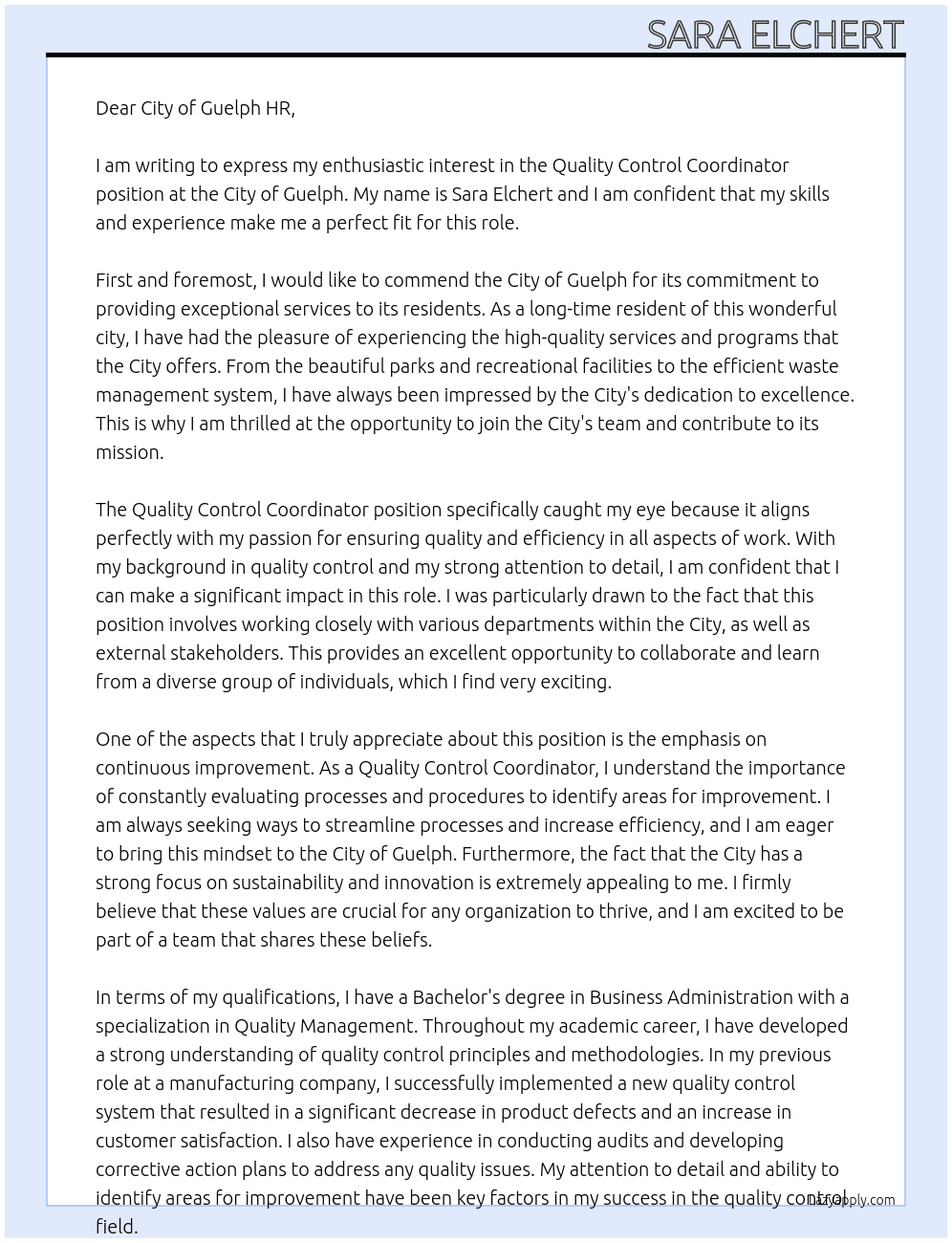 Quality Control Coordinator At City of Guelph Cover Letter