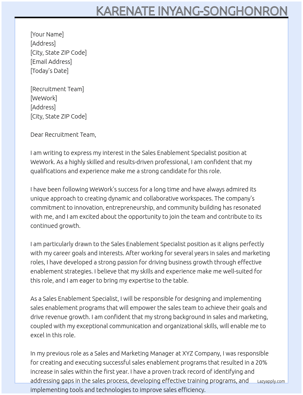 Sales Enablement Specialist At WeWork Cover Letter