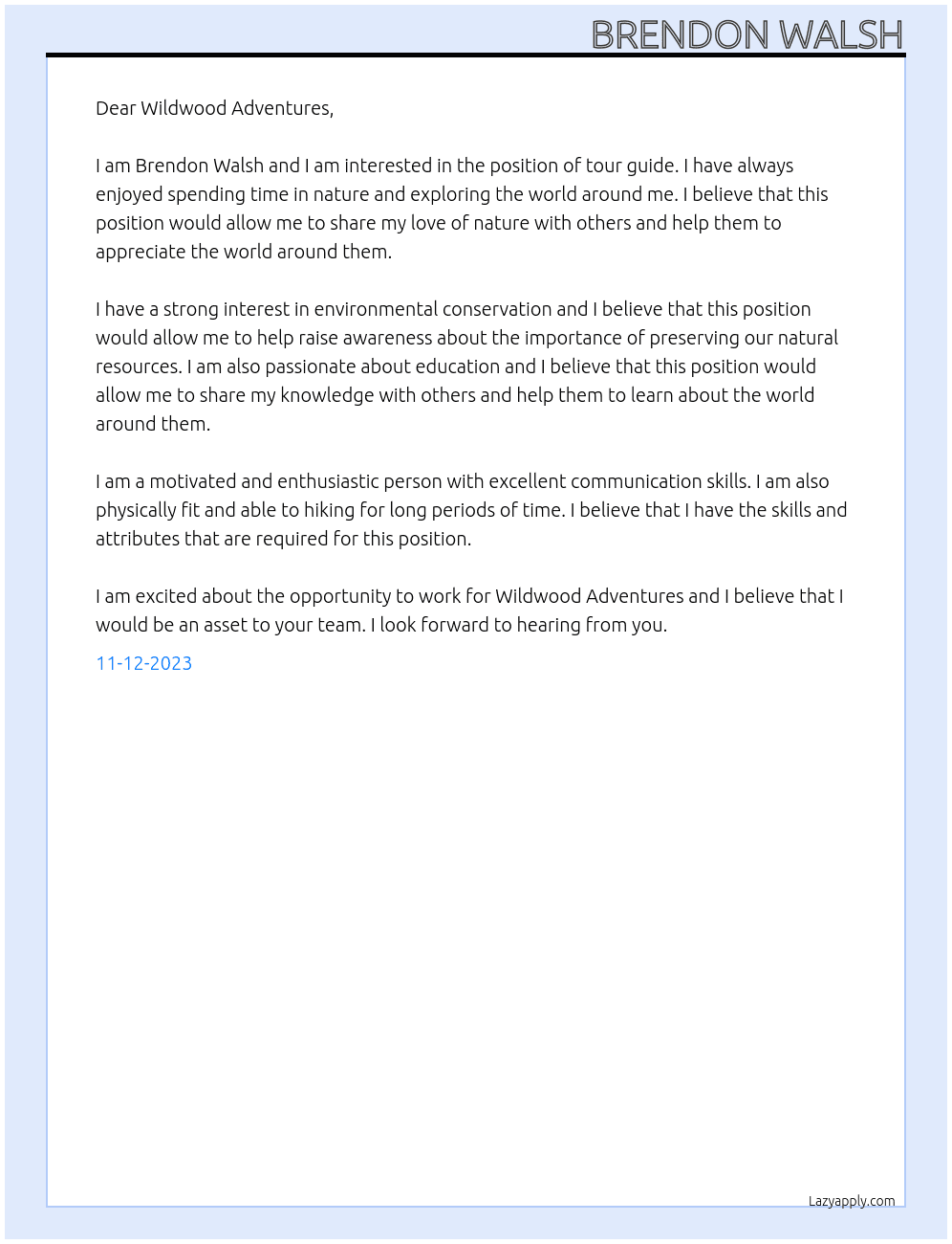 Tour Guide At Wildwood Adventures Cover Letter