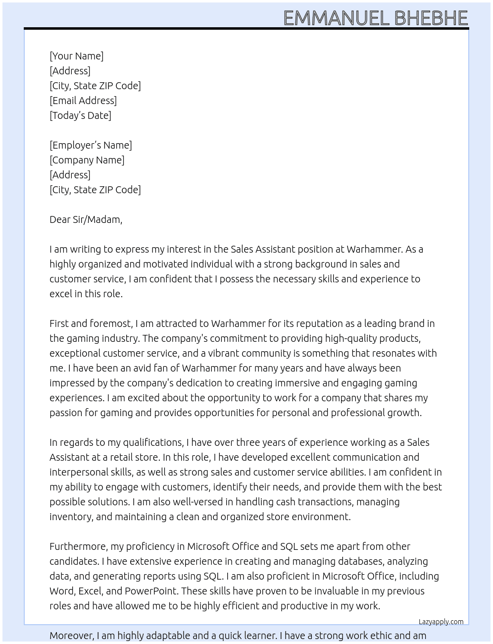 Sales Assistant At Warhammer Cover Letter