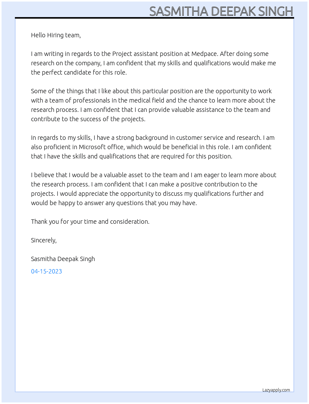 Project assistant At Medpace Cover Letter