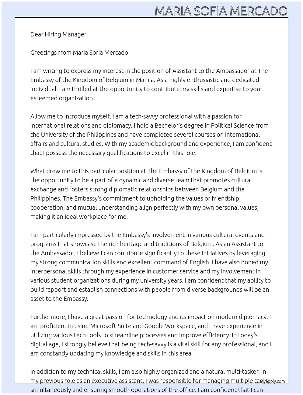 Assistant to the Ambassador  At The Embassy of the Kingdom of Belgium in Manila Cover Letter