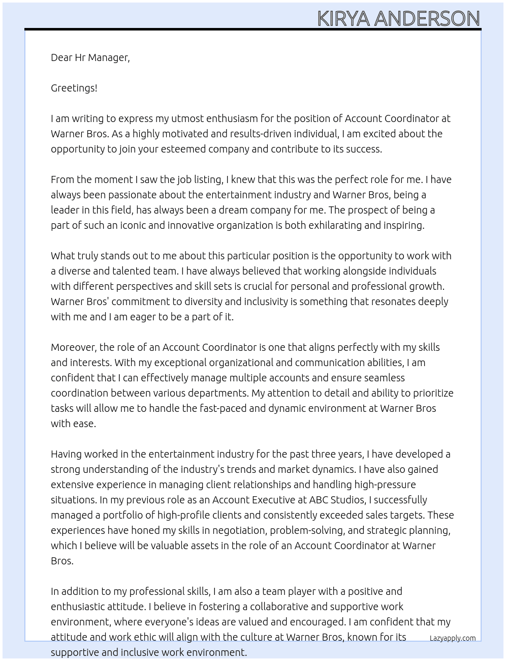 Account coordinator  At Warner Bros Cover Letter