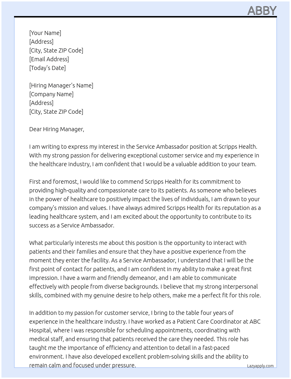 Service Ambassador At Scripps Health Cover Letter