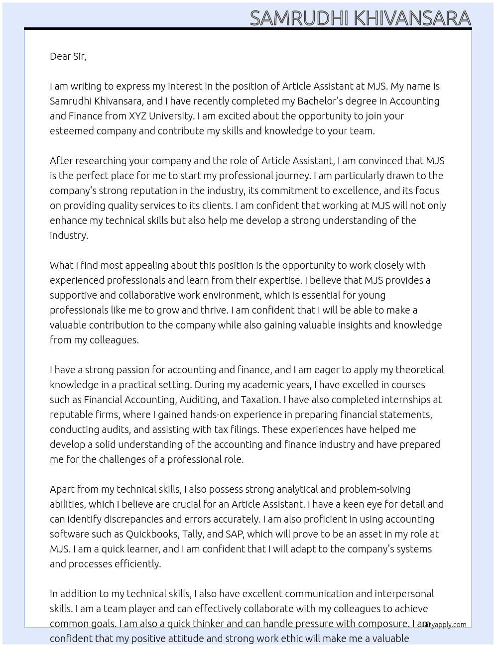 Article Assistant At MJS Cover Letter