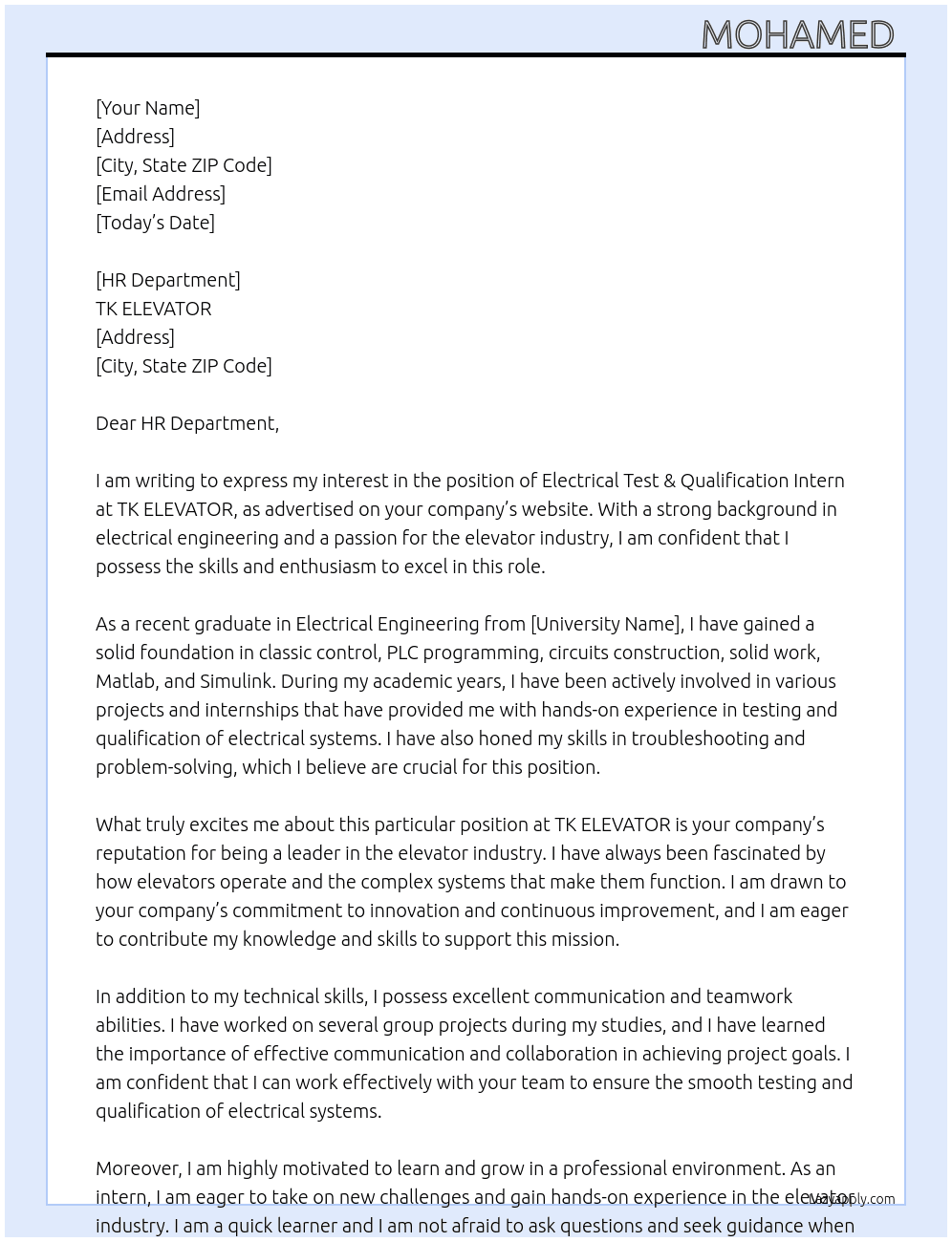 Electrical Test & Qualification At TK ELEVATOR  Cover Letter
