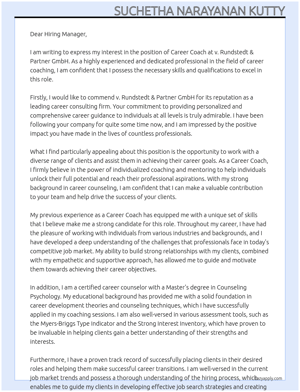 Career Coach At v. Rundstedt & Partner GmbH Cover Letter