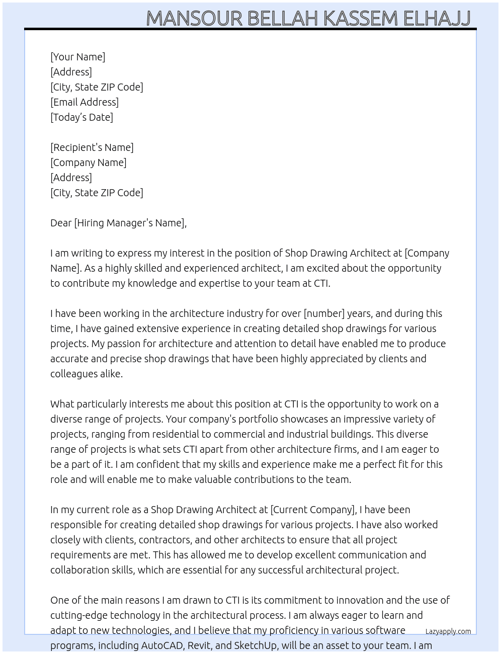 Shop drawing Architect  At CTI Cover Letter
