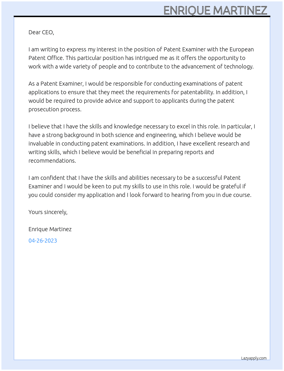 Patent Examiner  At European Patent Office  Cover Letter