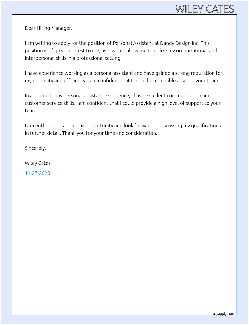 Personal Assistant At Dandy Design Inc Cover Letter