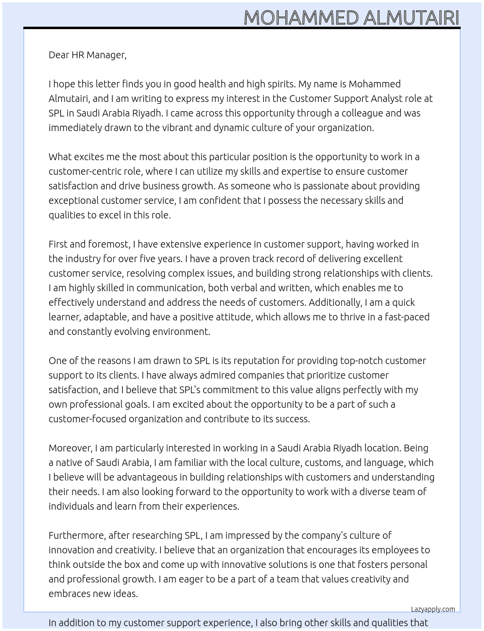 Customer Support Analyst At SPL Cover Letter