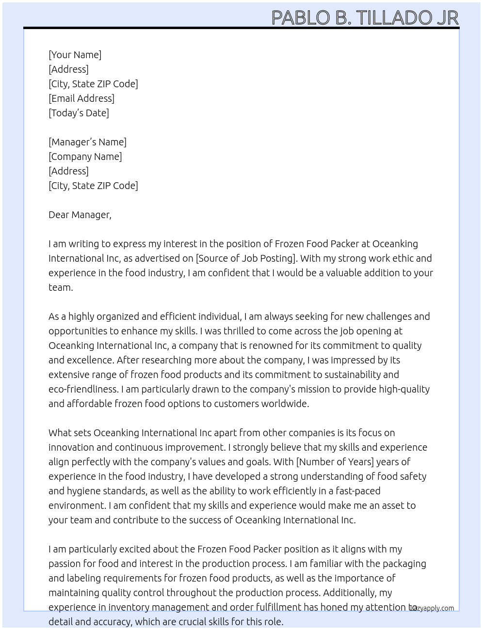 Frozen Food Packer At Oceanking International Inc Cover Letter