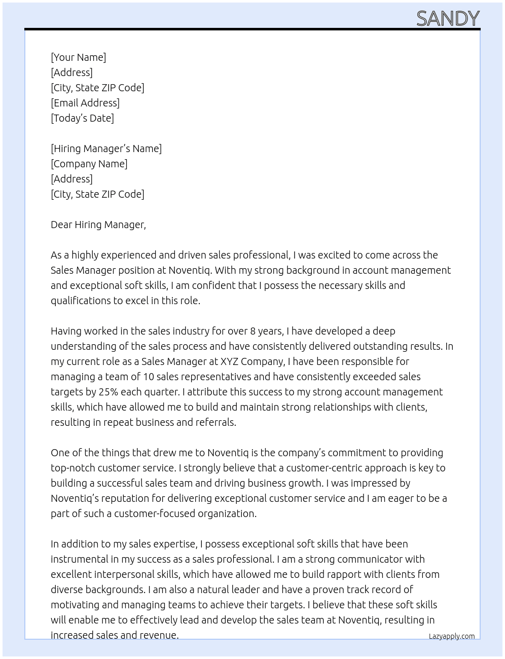 Sales Manager At Noventiq Cover Letter