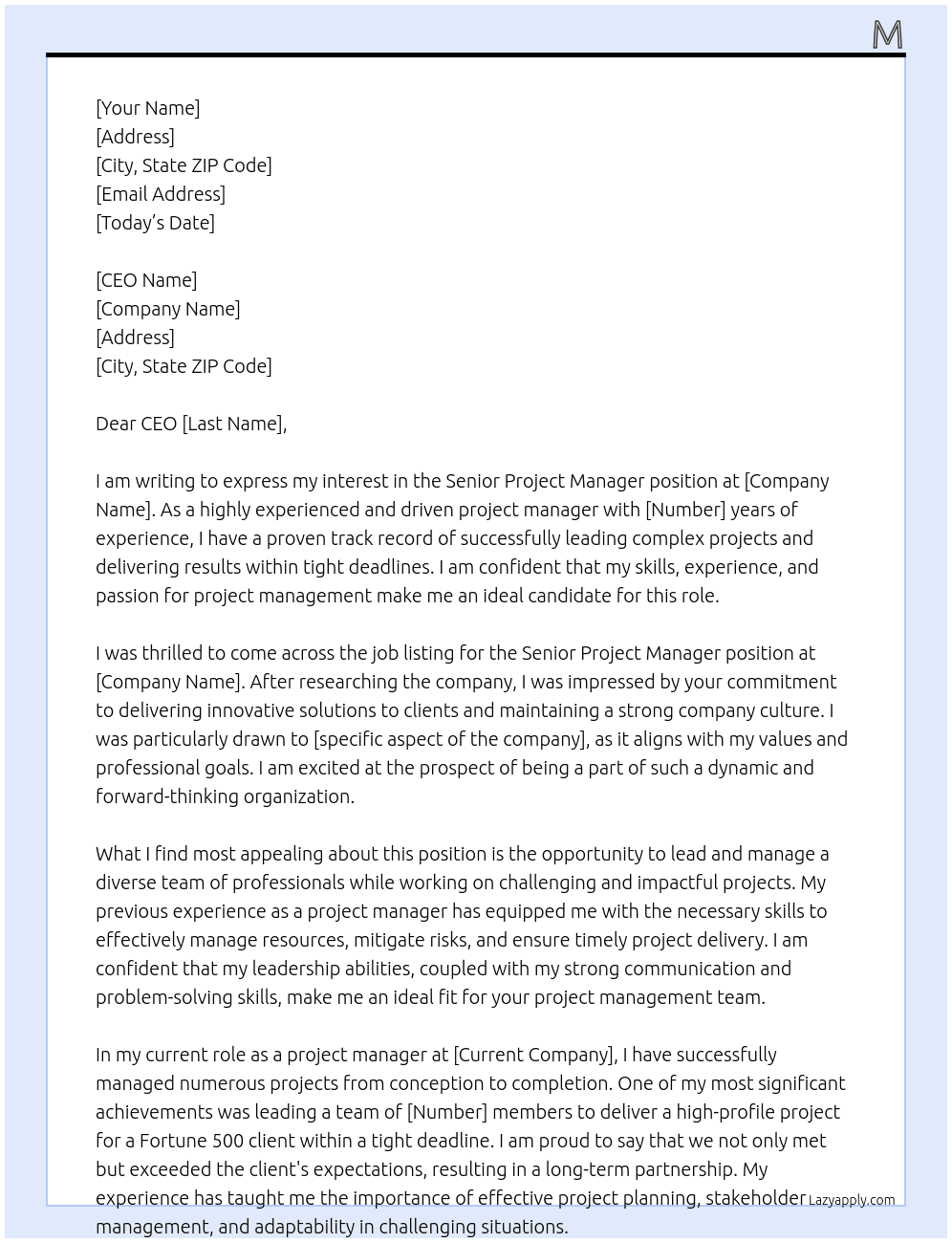 Senior Project Manager  At PO Cover Letter