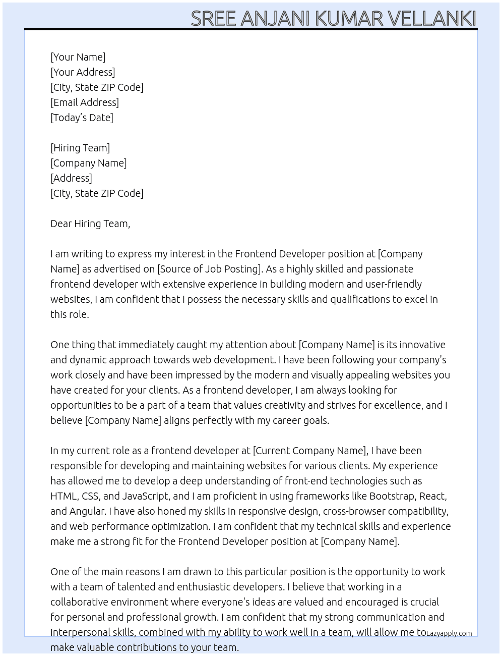 Frontend Developer At Sree Anjani Kumar Vellanki Cover Letter