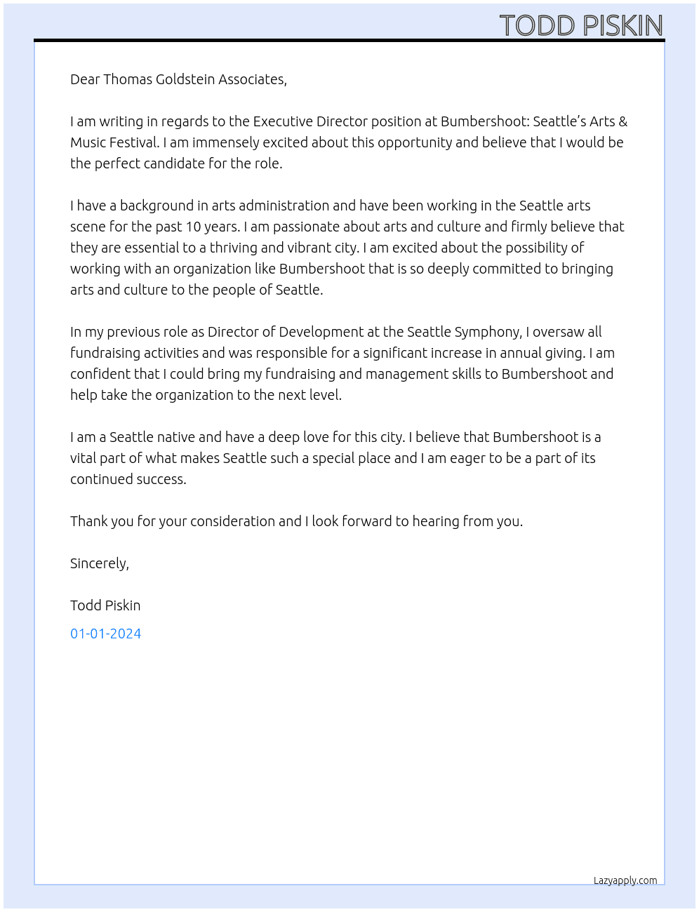 Executive Director At Bumbershoot: Seattle’s Arts & Music Festival Cover Letter