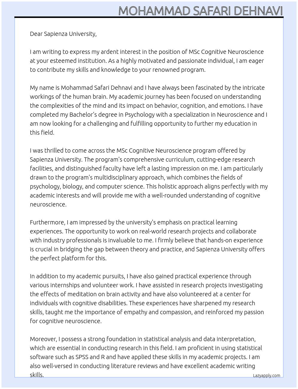 MSc Cognitive Neuroscience At Sapienza university  Cover Letter