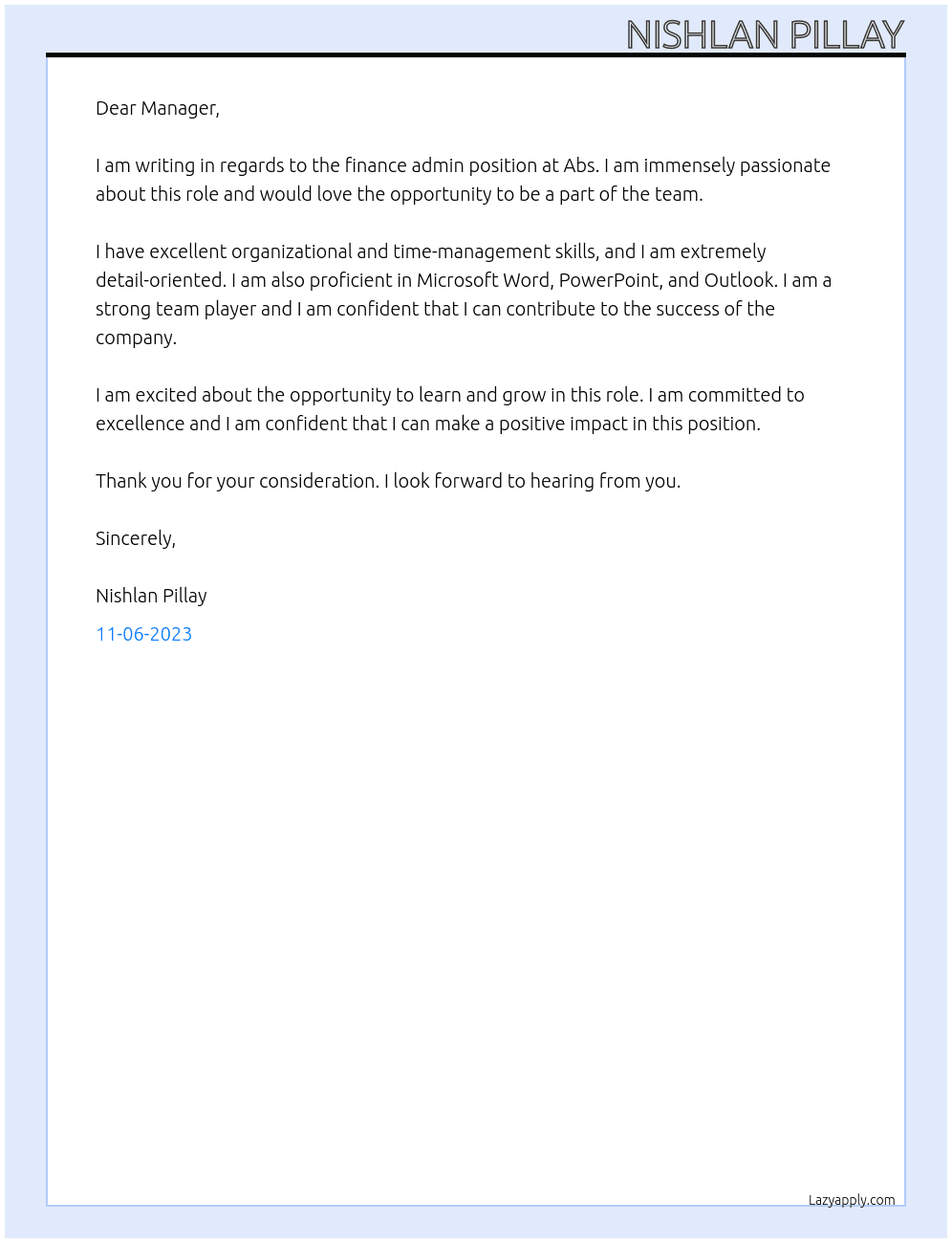 Finance admin At Abs Cover Letter