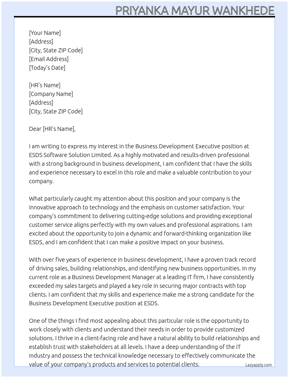 Business development executive At ESDS Software Solution Limited Cover Letter