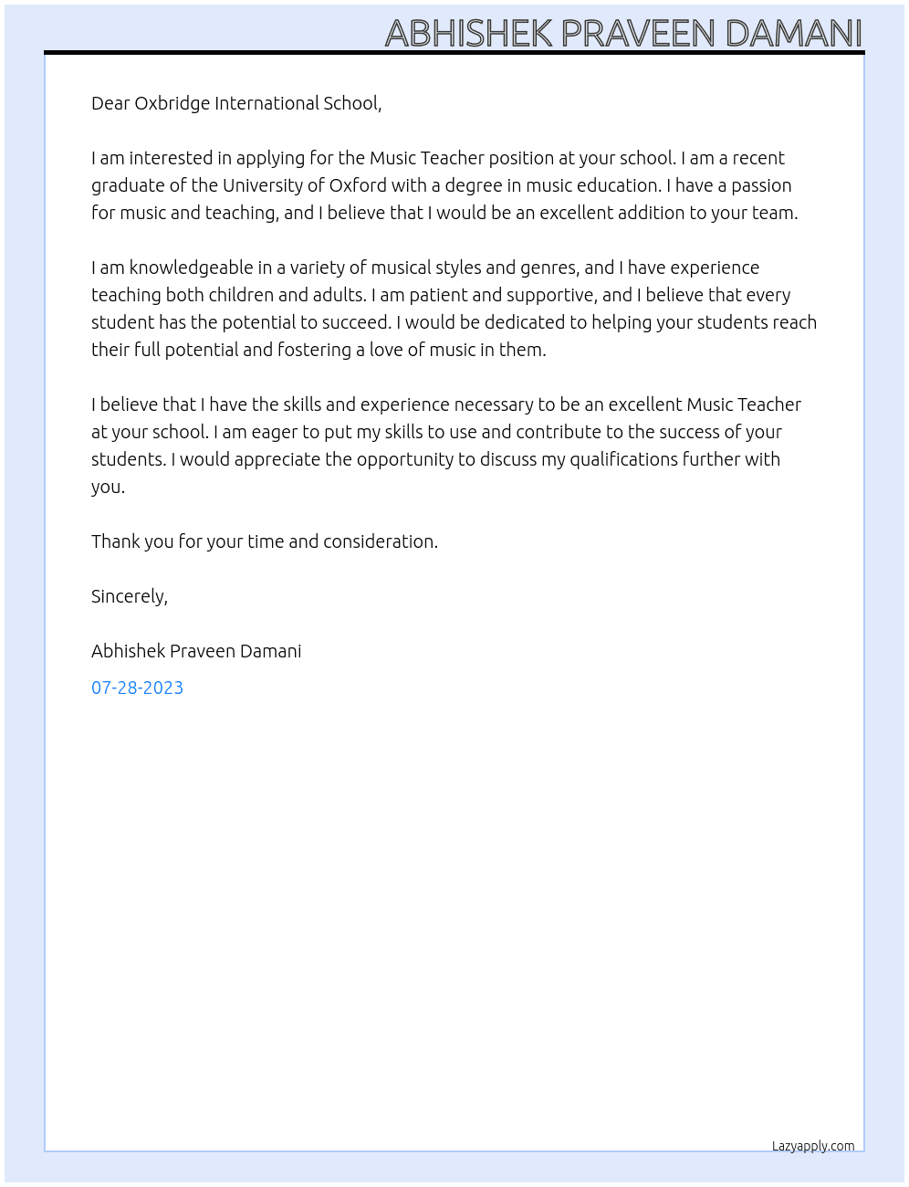 Music Teacher At Oxbridge International School Cover Letter