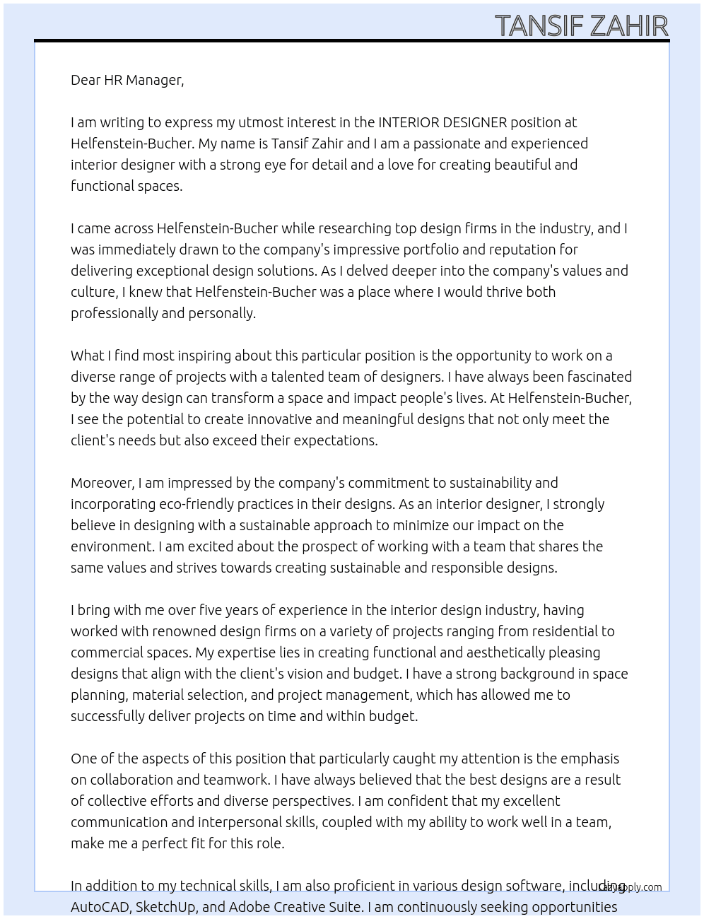 INTERIOR DESIGNER At helfenstein-bucher Cover Letter
