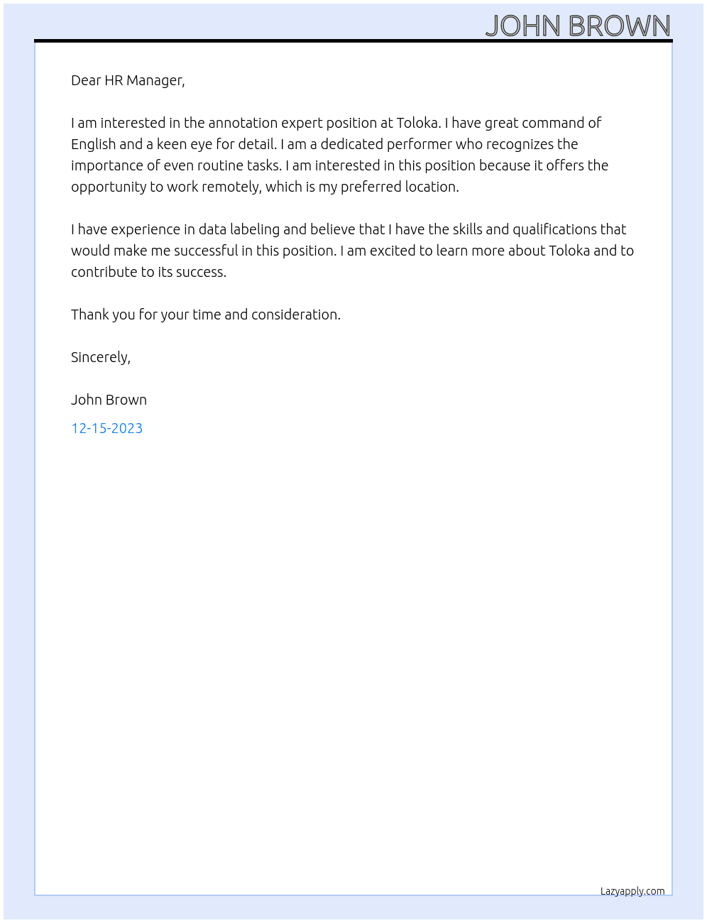 Annotation Expert At Toloka Cover Letter