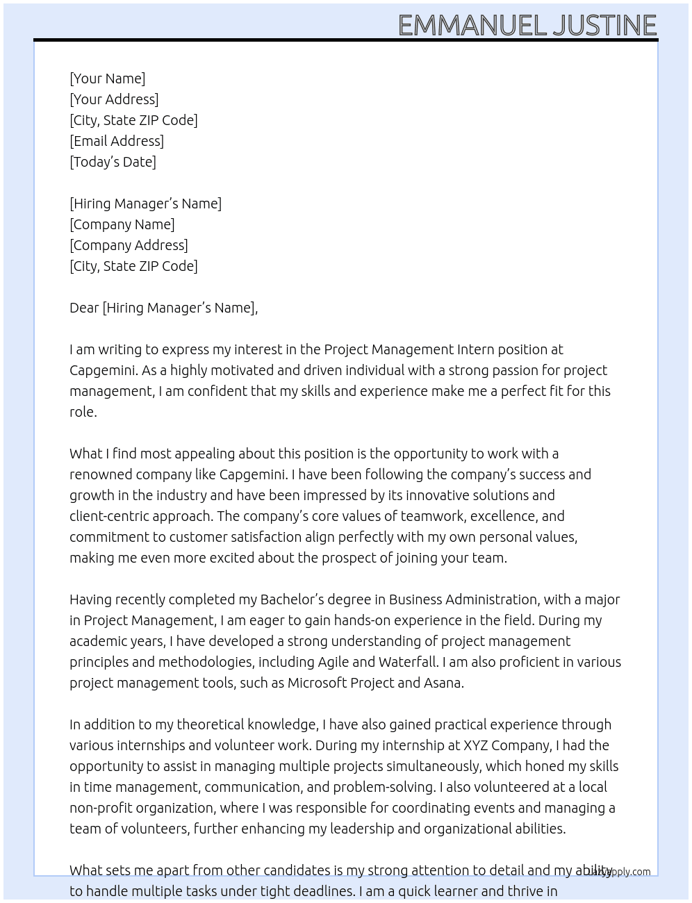 Project management intern At capgemini Cover Letter