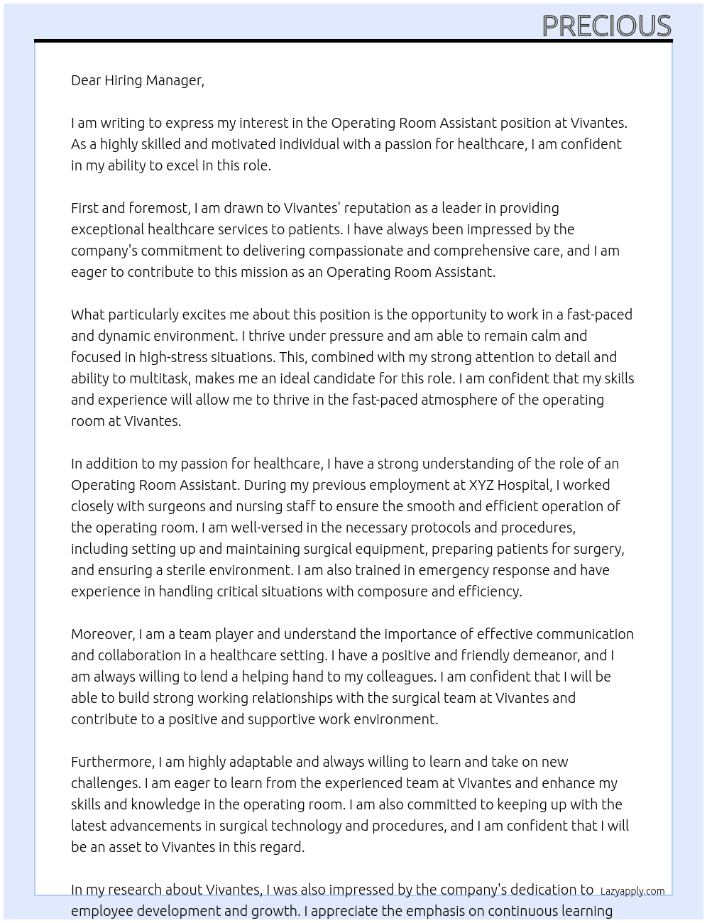 Operating room assistant At Vivantes Cover Letter
