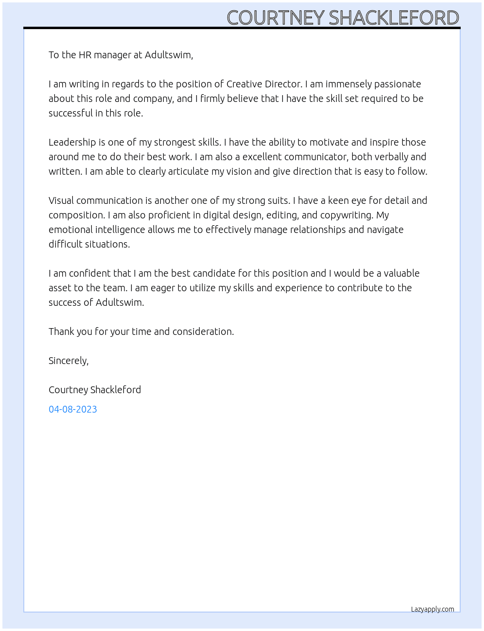 Creative director  At Adultswim Cover Letter