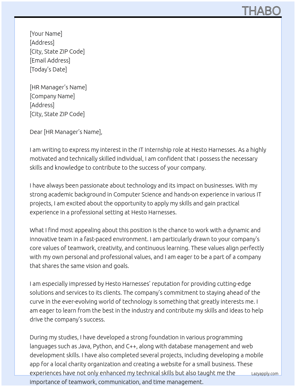 IT  At HESTO HARNESSES Cover Letter