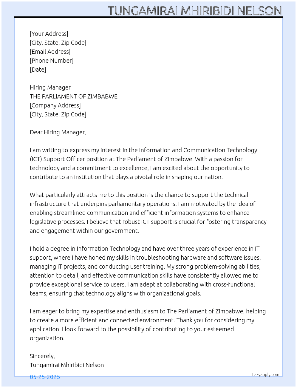 Information and Communication Technology (ICT) Support Officer At THE PARLIAMENT OF  ZIMBABWE Cover Letter