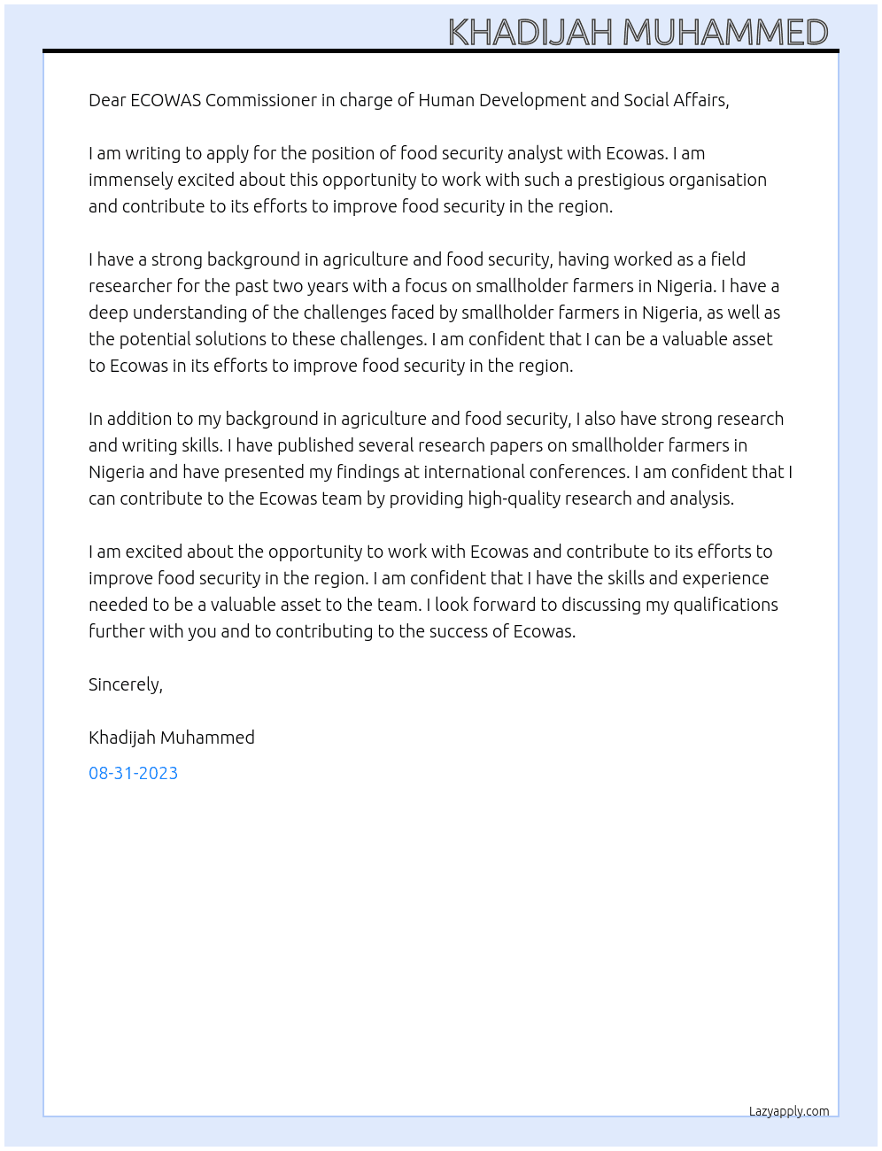 Food security analyst At Ecowas Cover Letter