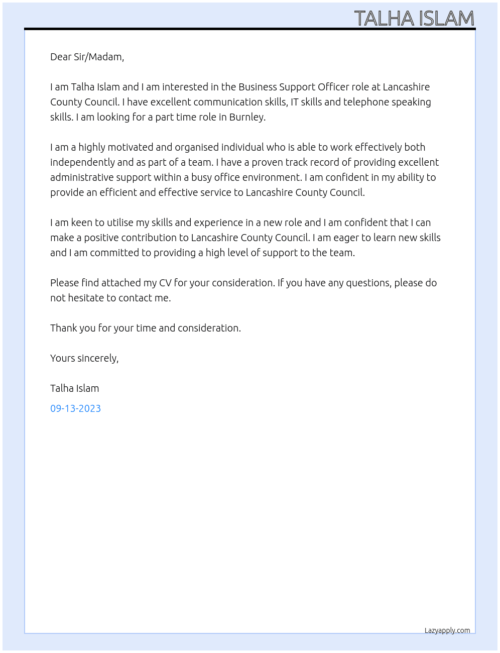 Business support officer At Lancashire County Council  Cover Letter