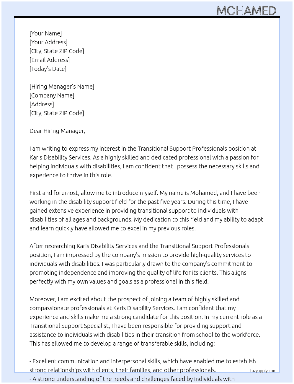 Transitional support professionals At Karis Disability Services Cover Letter