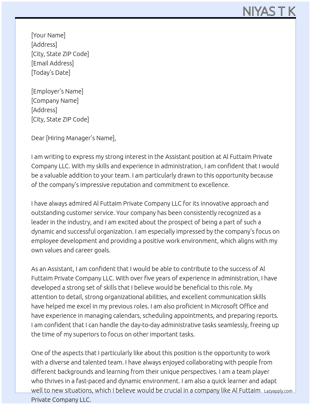 Assistant  At Al Futtaim Private Company LLC Cover Letter