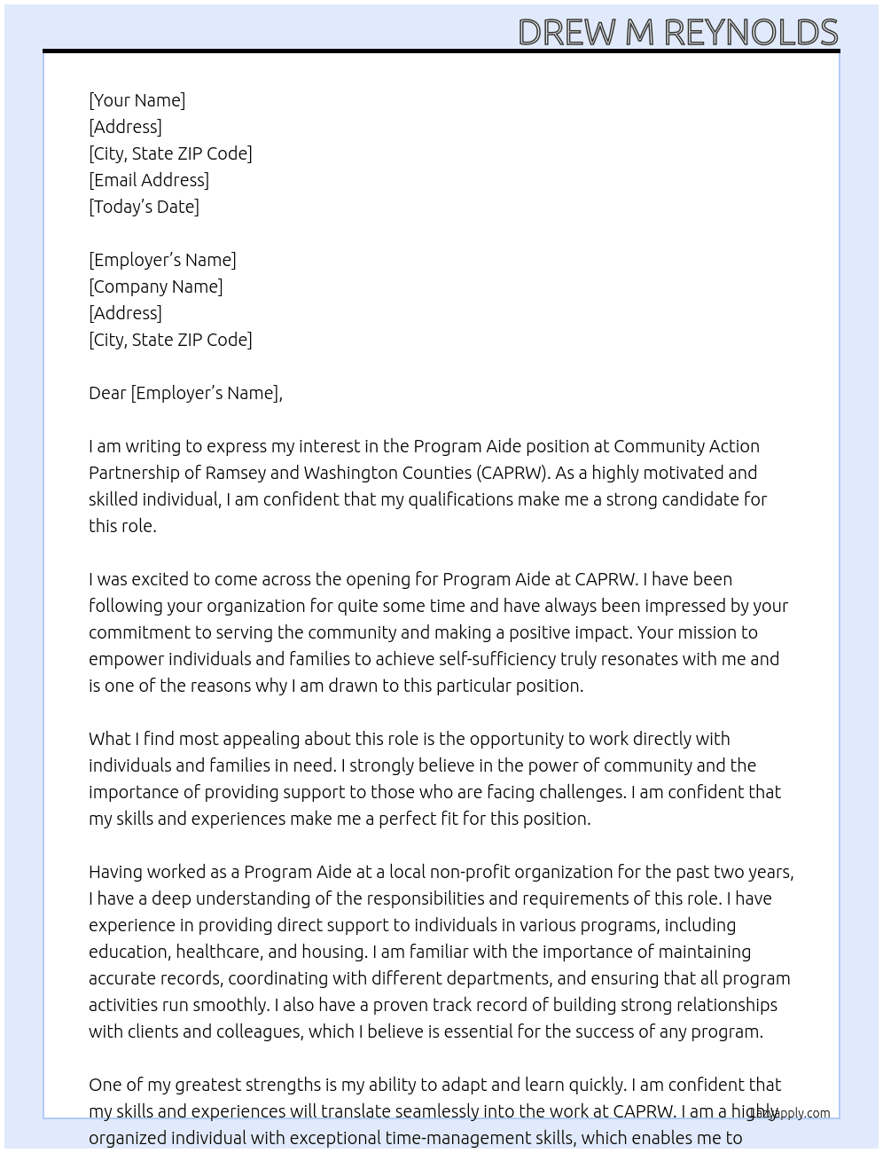 Program Aide At Community Action Partnership of Ramsey and Washington Counties  Cover Letter