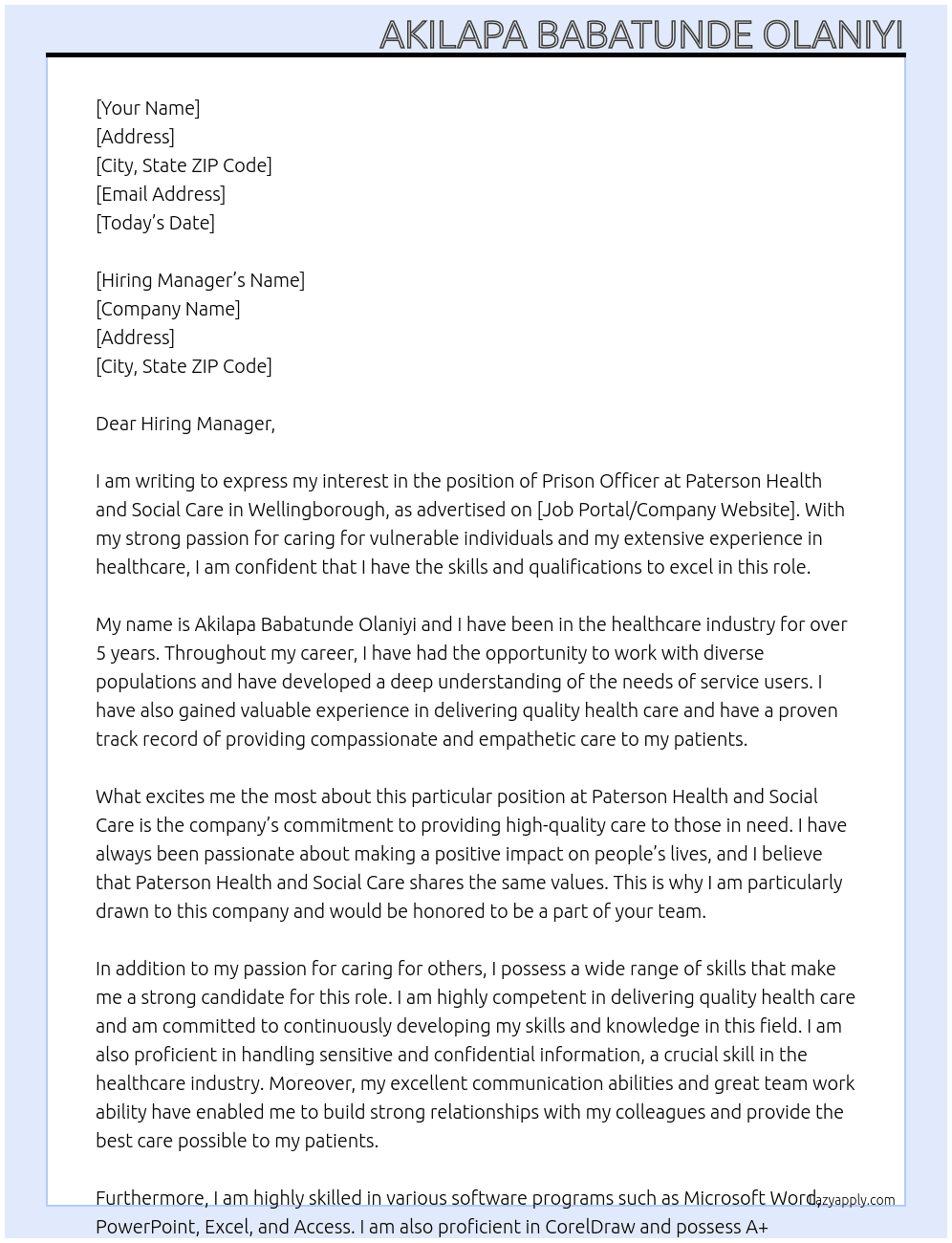 Prison officer  At Paterson Health and Social Care Wellingborough Cover Letter