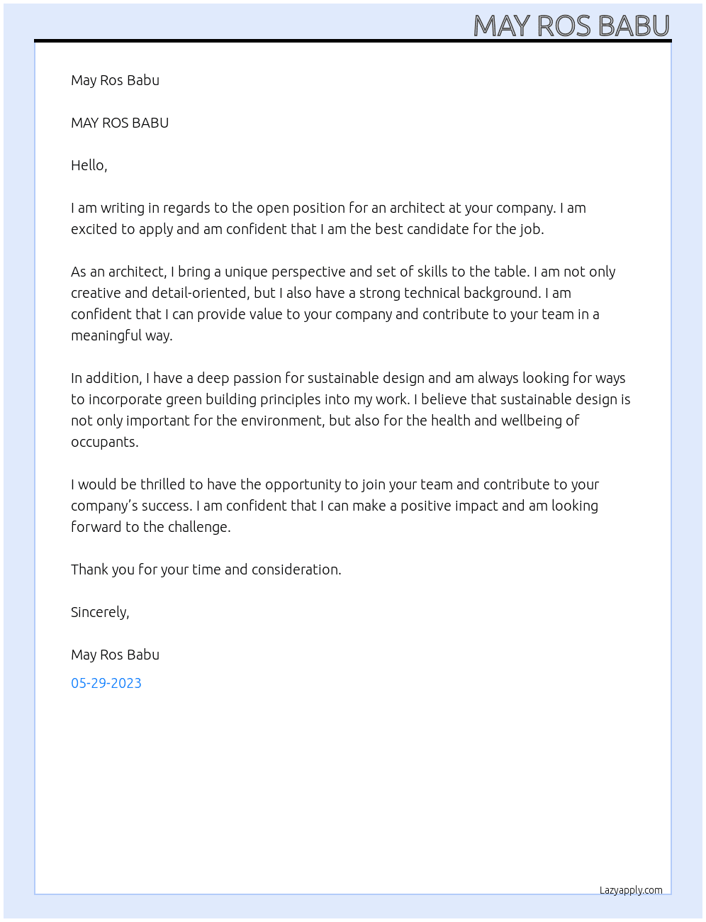 ARCHITECT At MAY ROS BABU Cover Letter