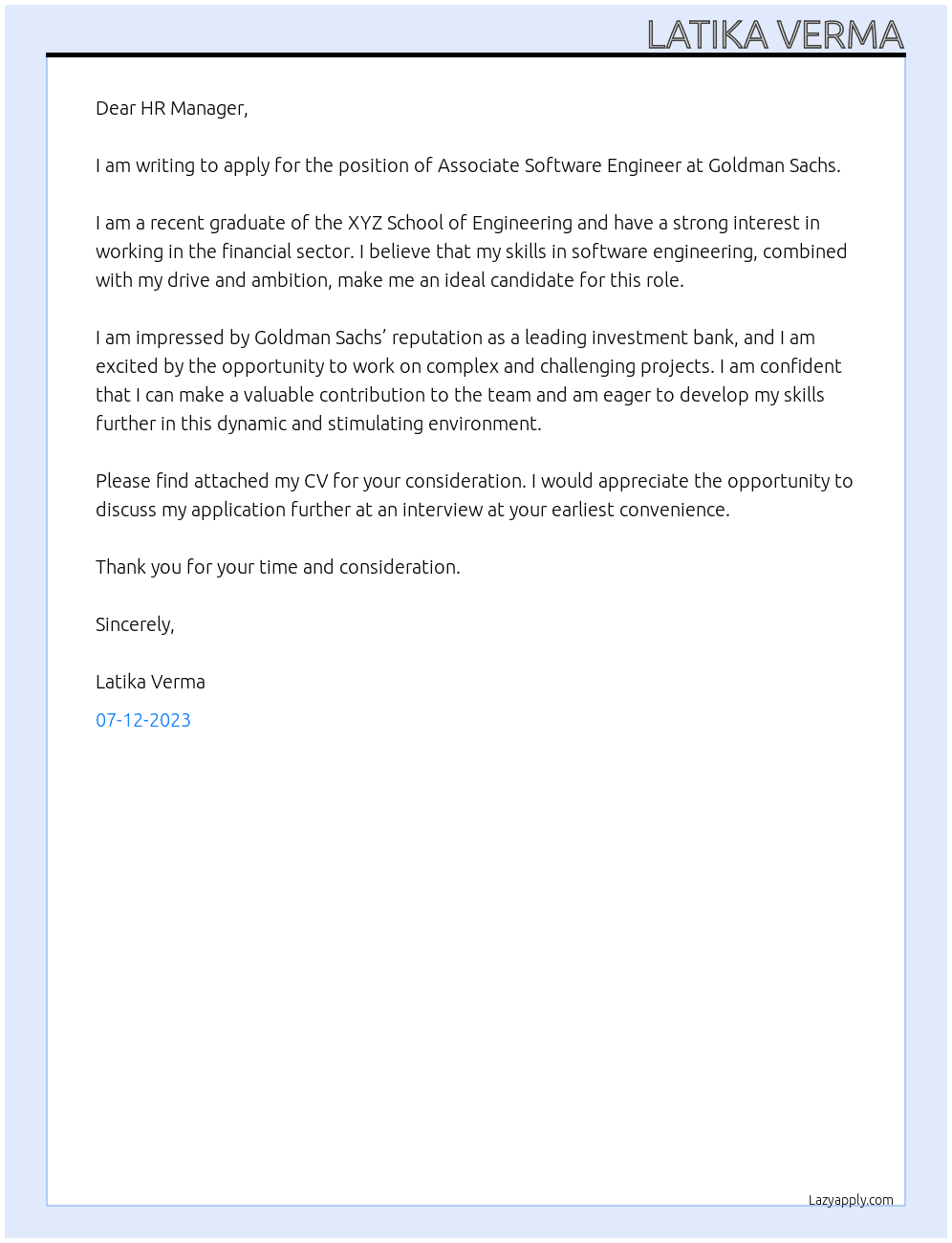 Associate Software Engineer At Glodman Sachs Cover Letter
