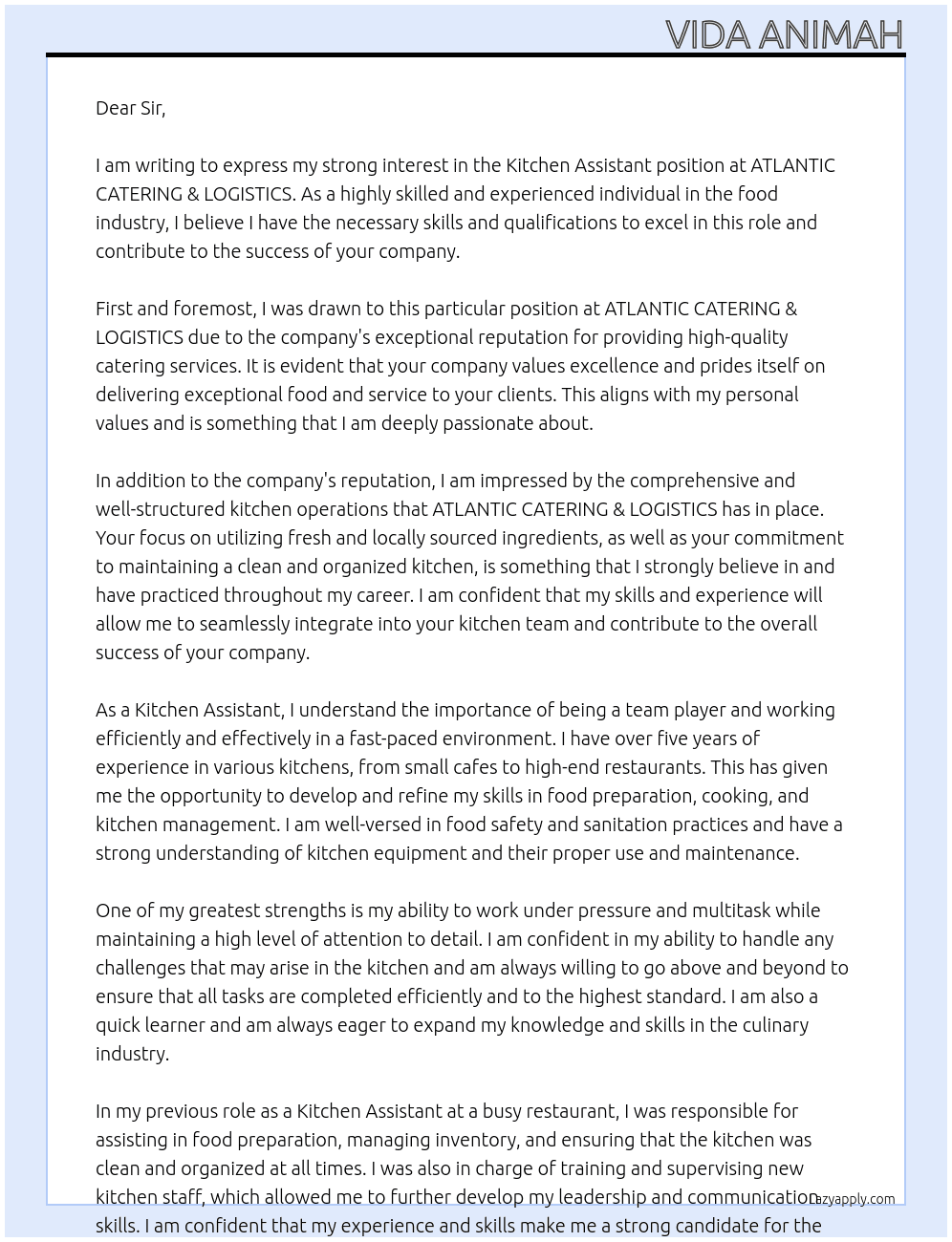 Kitchen Assistant At ATLANTIC CATERING & LOGISTICS Cover Letter